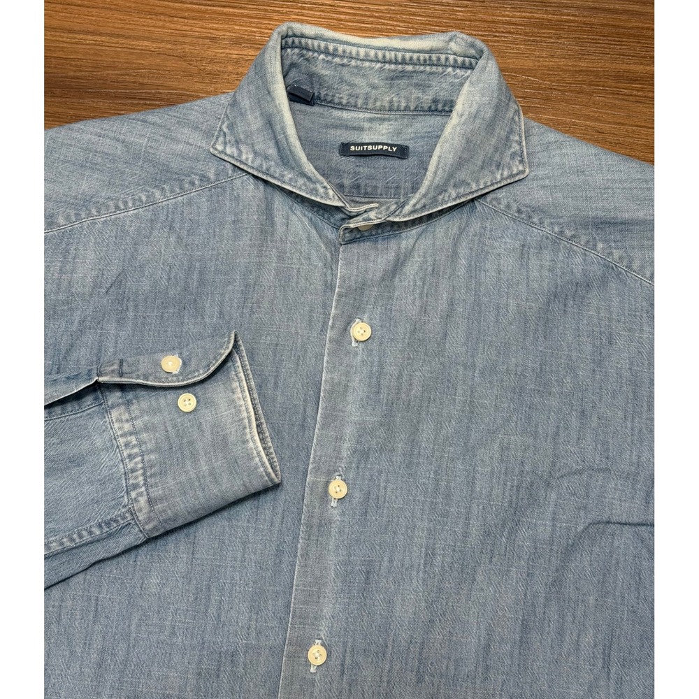 Suitsupply Light Wash Denim Shirt Albiate 1830 Wide Spread Collar Sz39-7/15.5 L